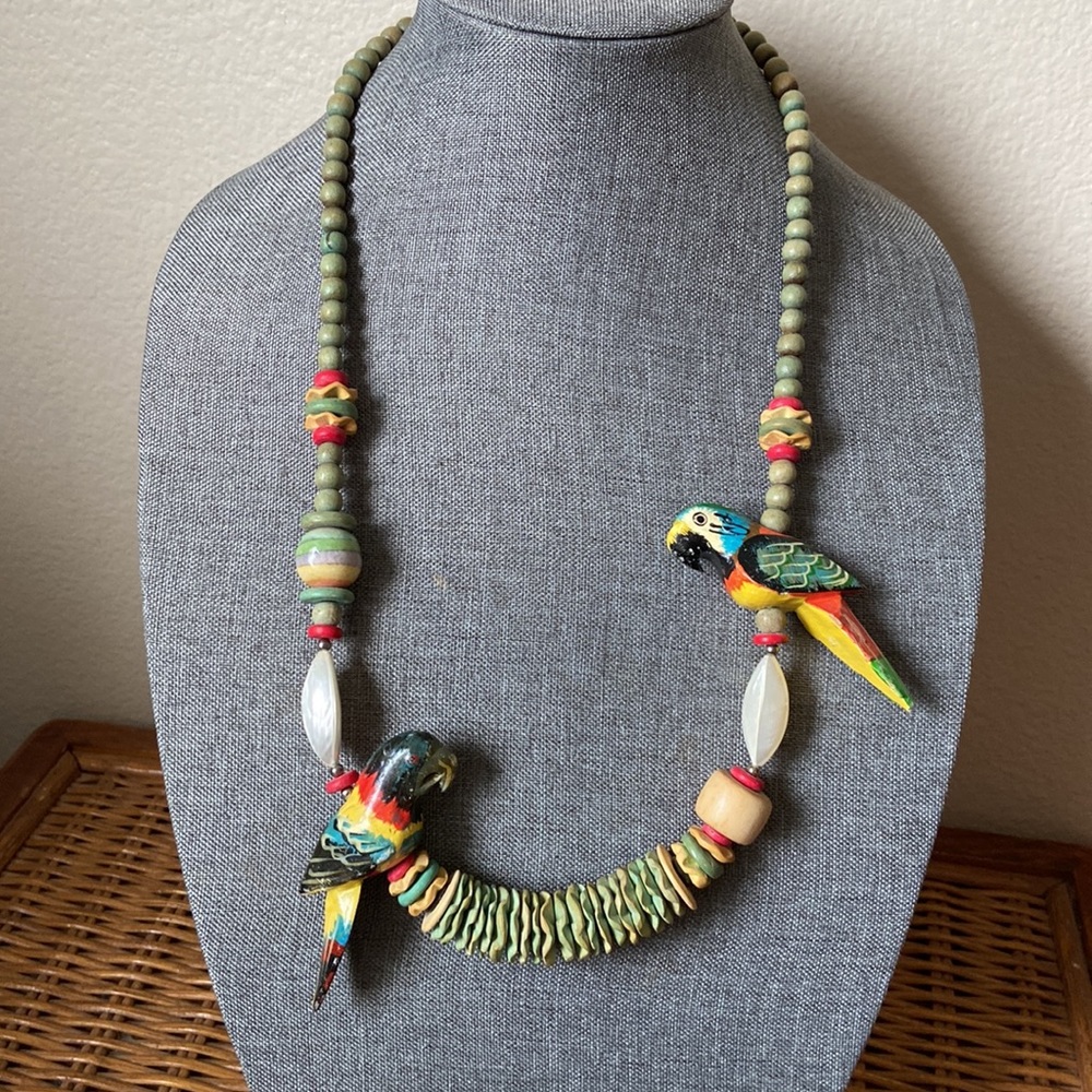 Vintage MonsterA Wood Parrots & Beads Long Colorful Necklace - Picture 5 of 6